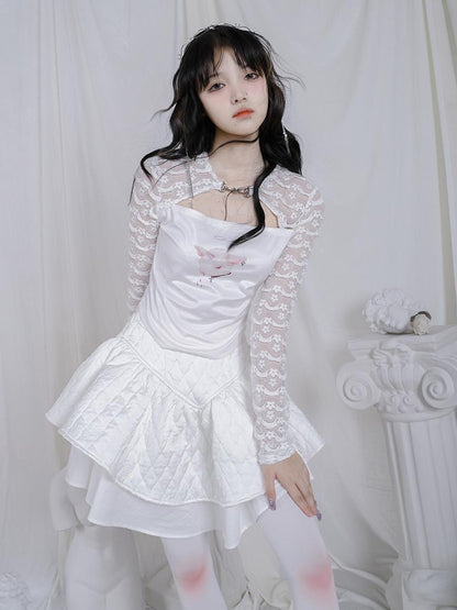 Daytoday Rabbit Floral Lace Up Crop Top Stretch Cotton Blend
