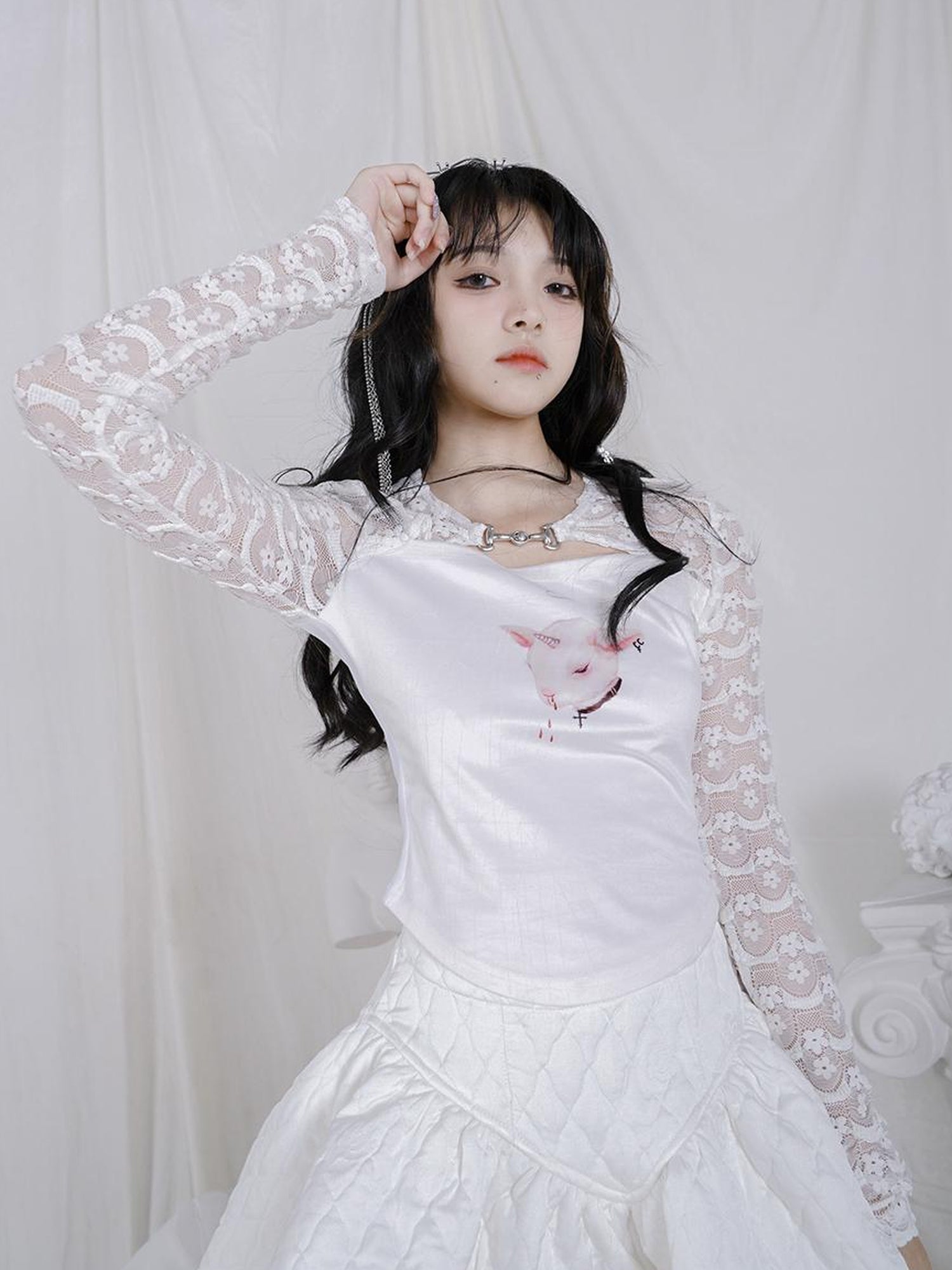 Daytoday Rabbit Floral Lace Up Crop Top Stretch Cotton Blend