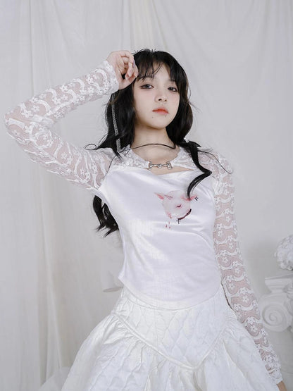 Rabbit Floral Lace Up Crop Top Stretch Cotton Blend