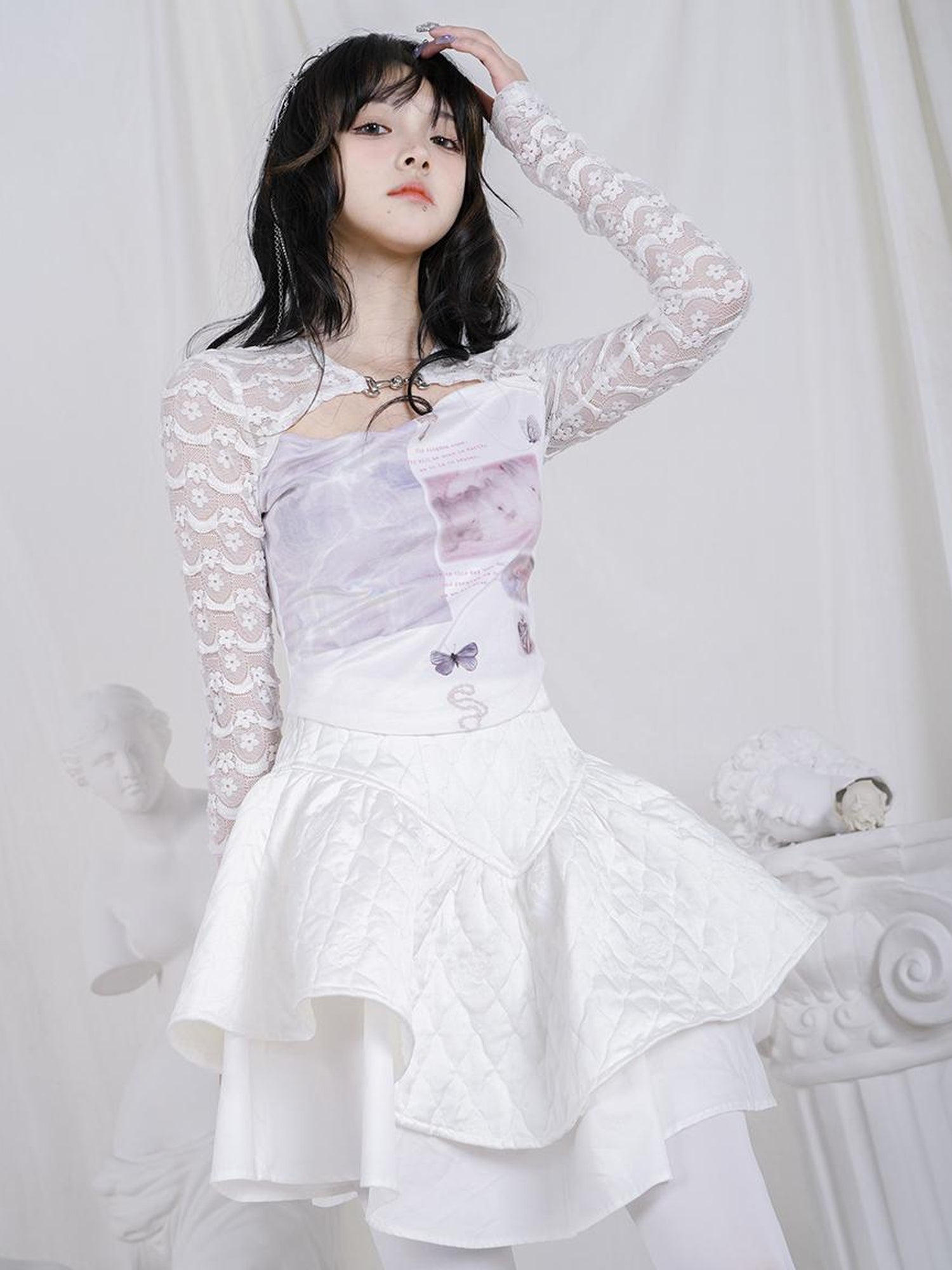 Daytoday Rabbit Floral Lace Up Crop Top Stretch Cotton Blend