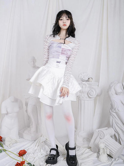 Rabbit Floral Lace Up Crop Top Stretch Cotton Blend