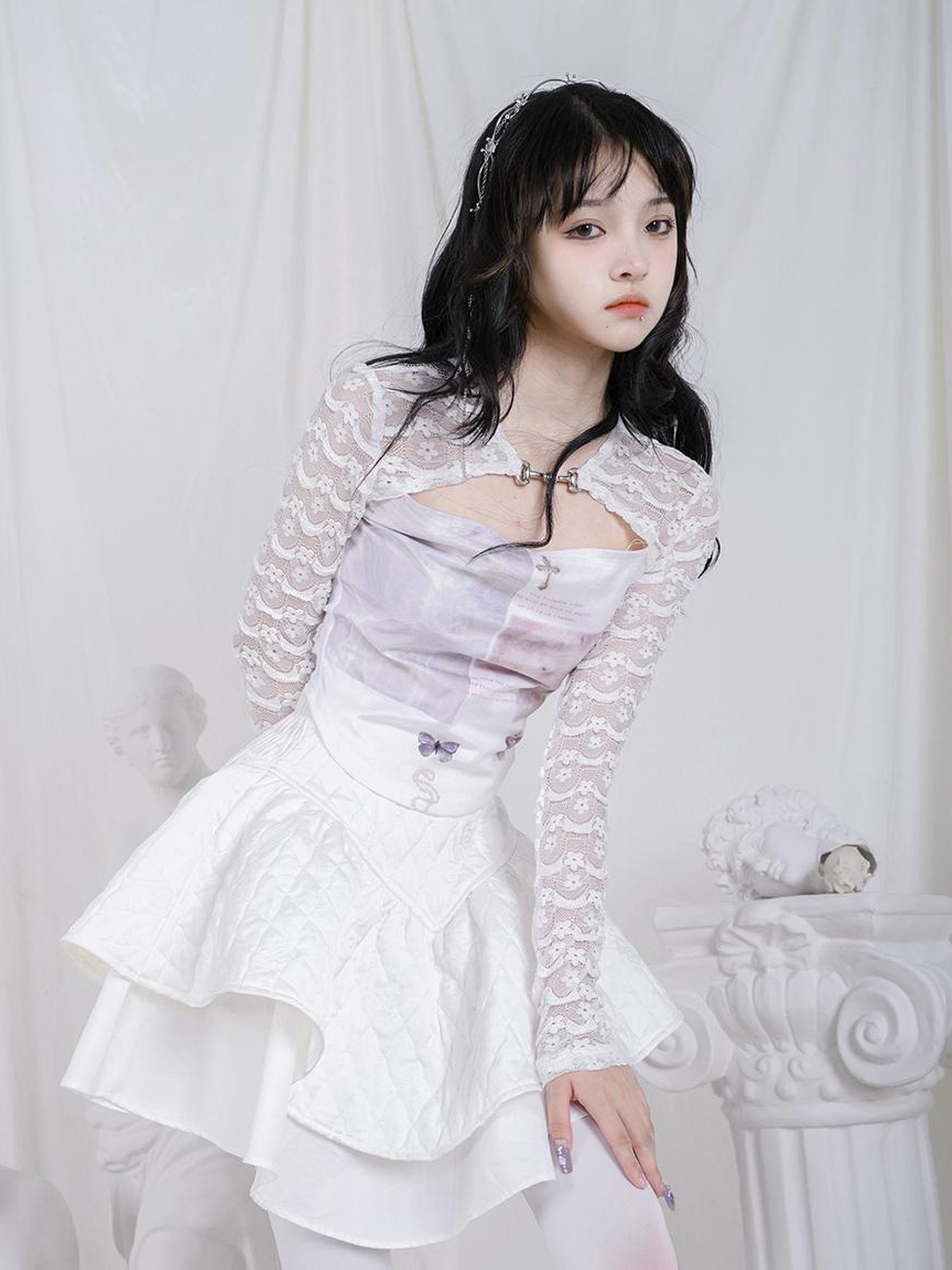 Daytoday Rabbit Floral Lace Up Crop Top Stretch Cotton Blend