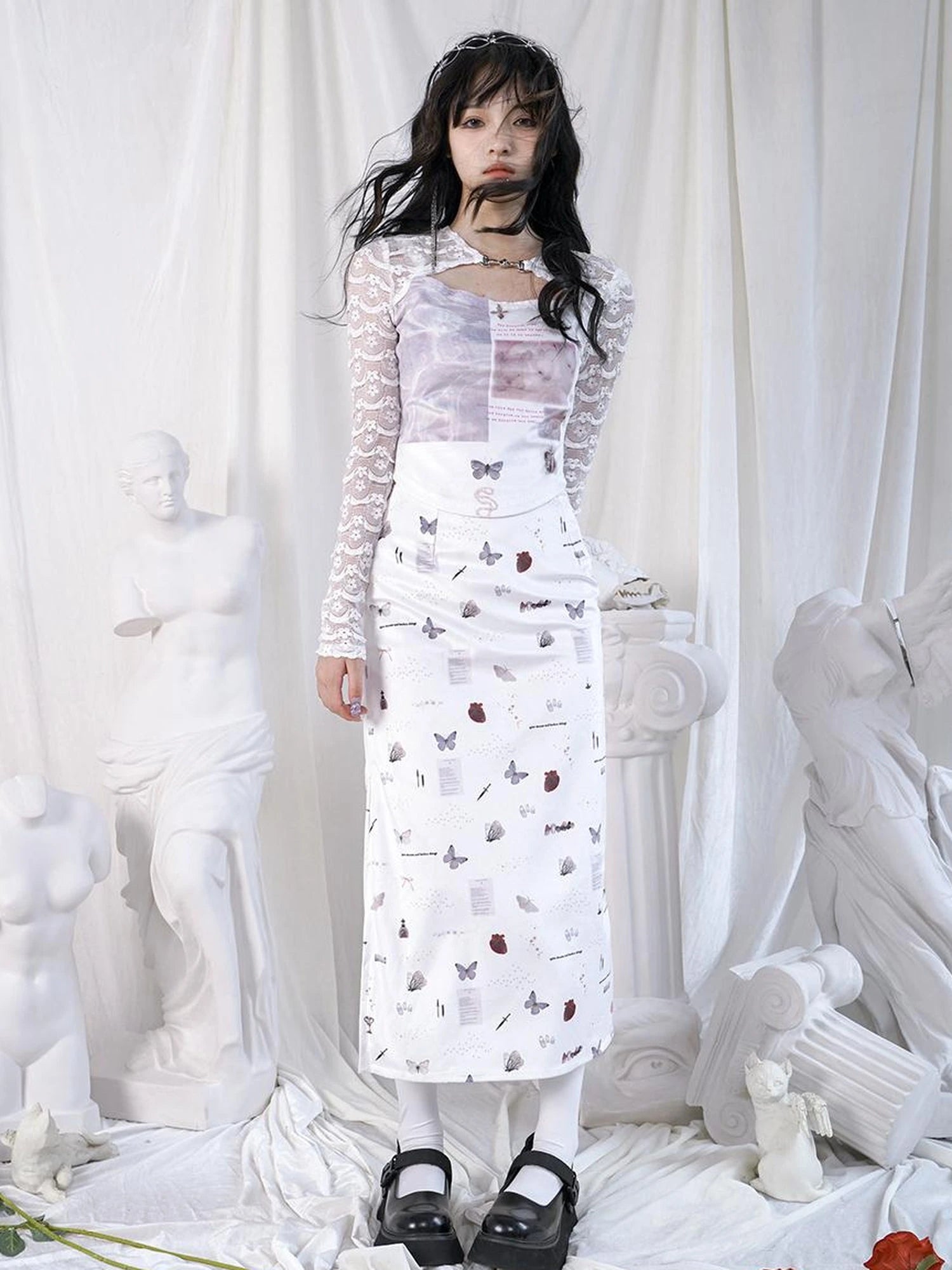 Rabbit Floral Lace Up Crop Top Stretch Cotton Blend