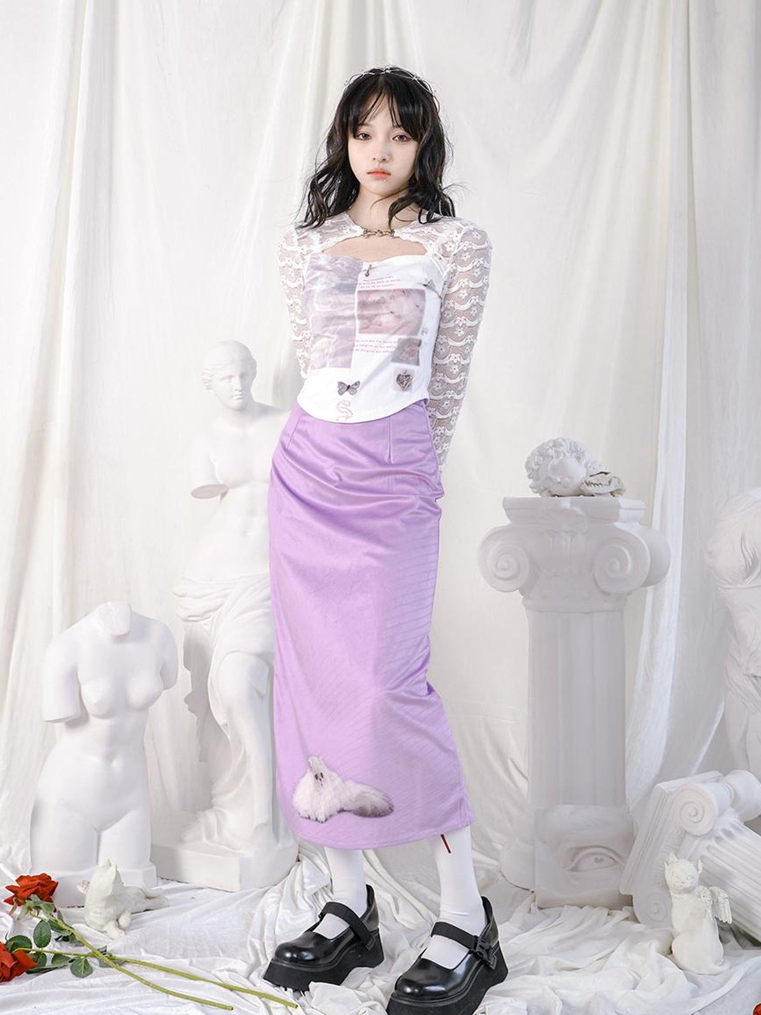 Daytoday Rabbit Floral Lace Up Crop Top Stretch Cotton Blend