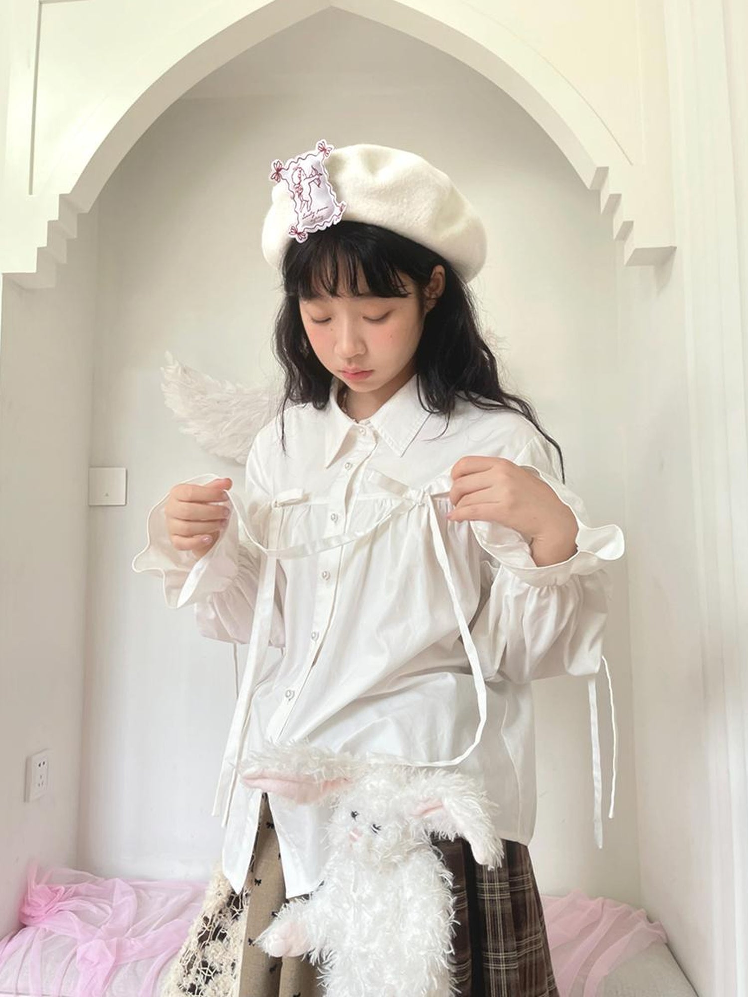 Daytoday Red Gingham Bow Bubble Sleeve Loose Long Shirt