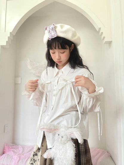 Daytoday Red Gingham Bow Bubble Sleeve Loose Long Shirt