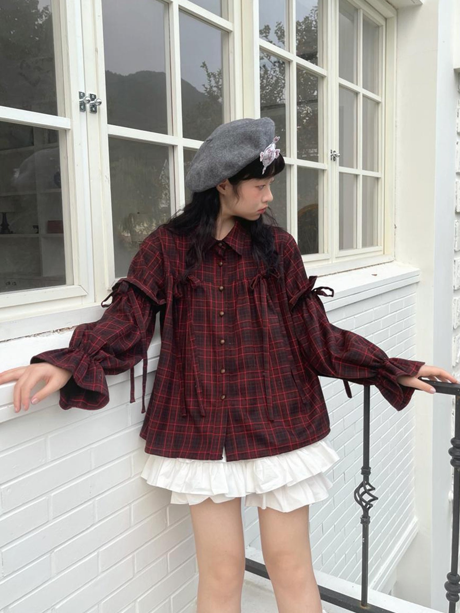 Daytoday Red Gingham Bow Bubble Sleeve Loose Long Shirt