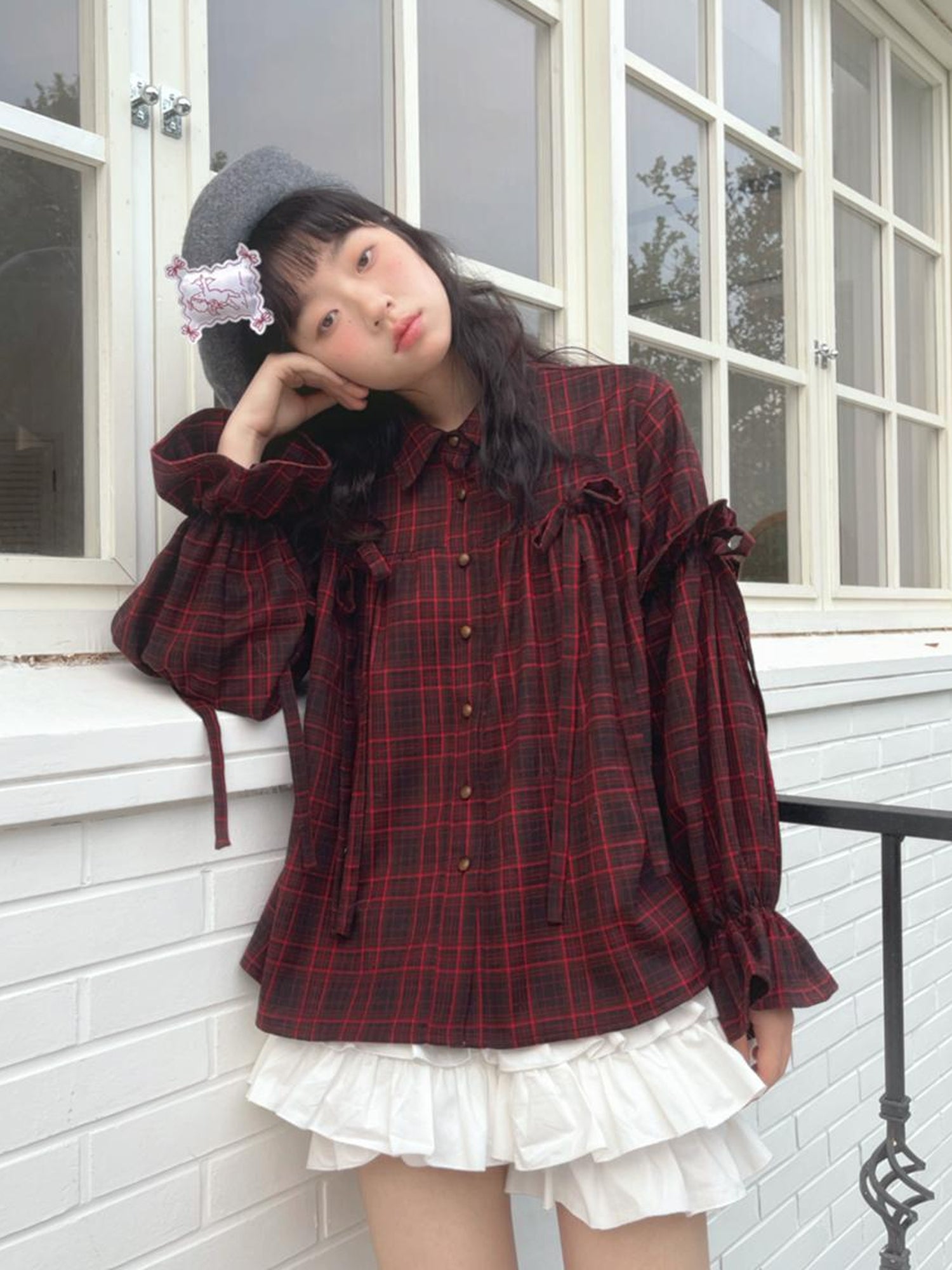 Daytoday Red Gingham Bow Bubble Sleeve Loose Long Shirt