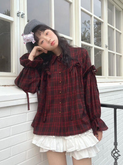 Daytoday Red Gingham Bow Bubble Sleeve Loose Long Shirt