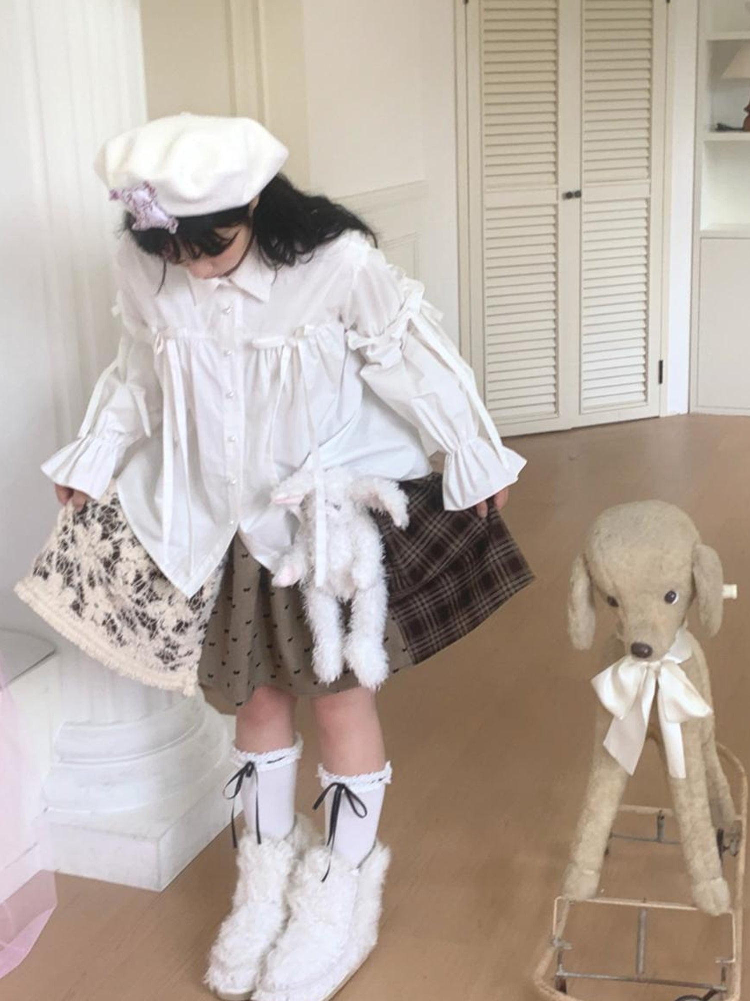 Daytoday Red Gingham Bow Bubble Sleeve Loose Long Shirt