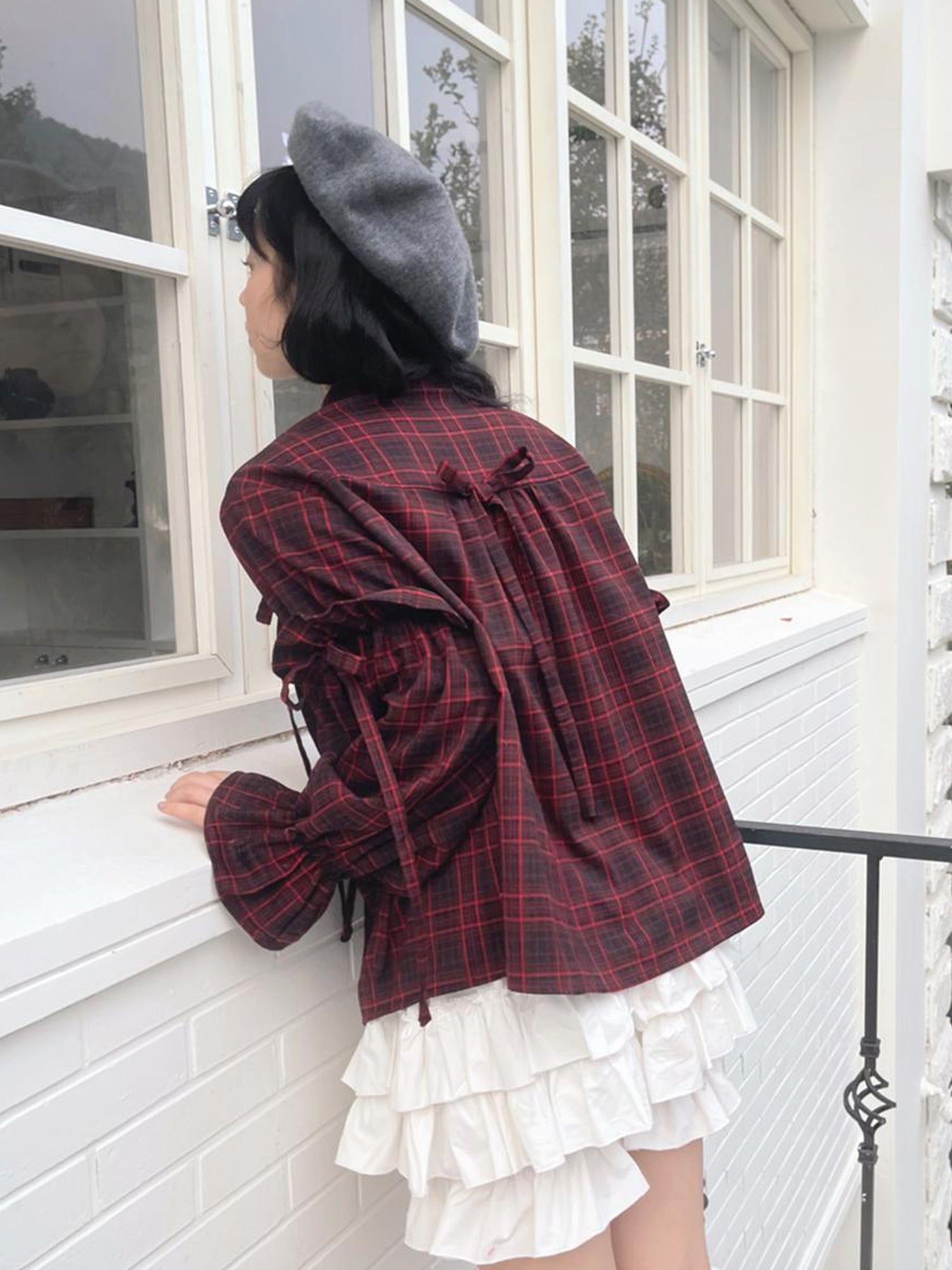 Daytoday Red Gingham Bow Bubble Sleeve Loose Long Shirt