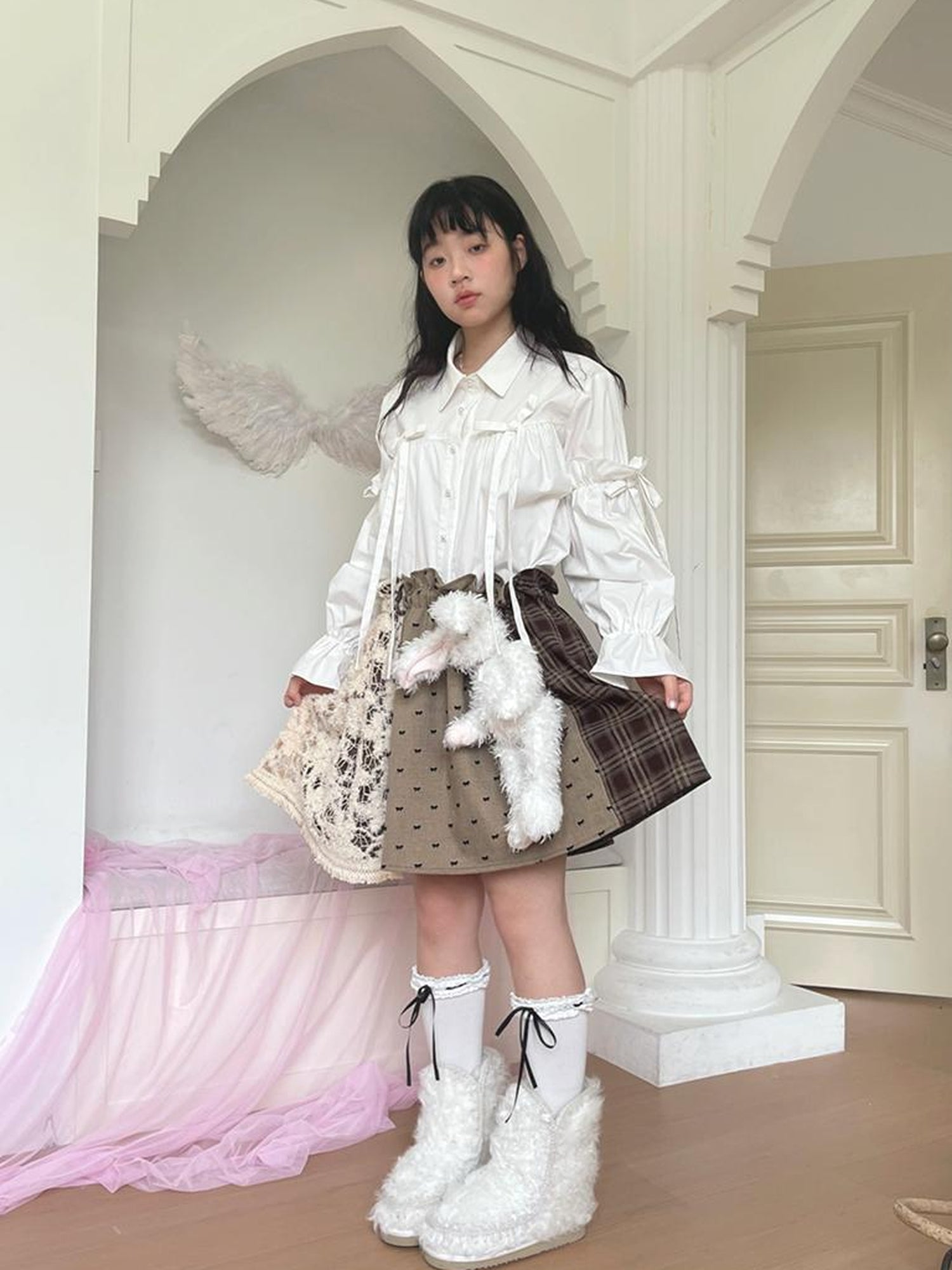 Daytoday Red Gingham Bow Bubble Sleeve Loose Long Shirt