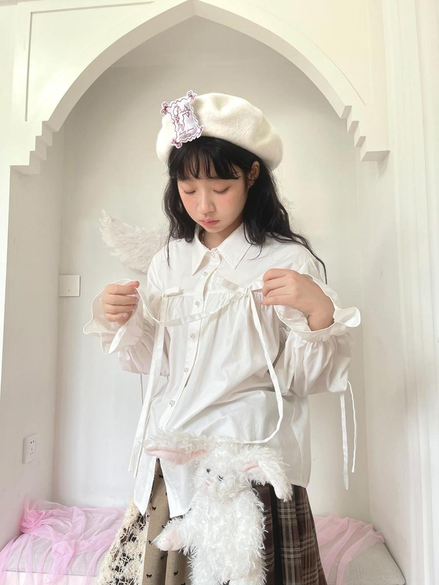 Daytoday Red Gingham Bow Bubble Sleeve Loose Long Shirt