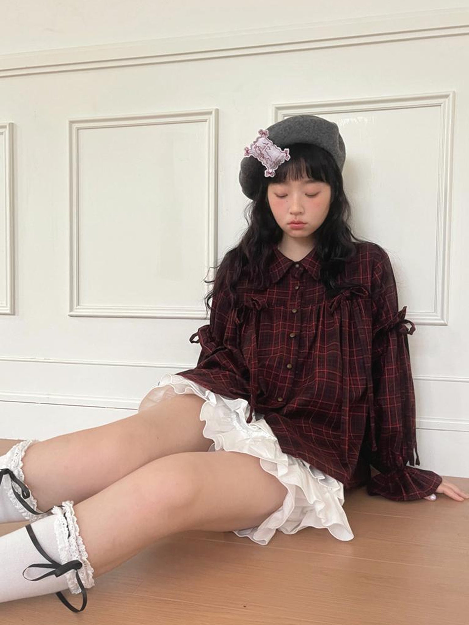 Daytoday Red Gingham Bow Bubble Sleeve Loose Long Shirt