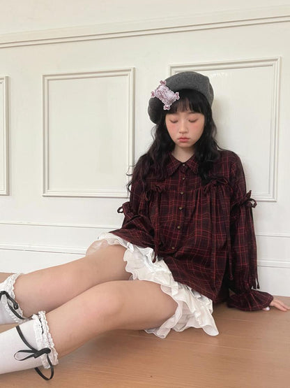 Daytoday Red Gingham Bow Bubble Sleeve Loose Long Shirt