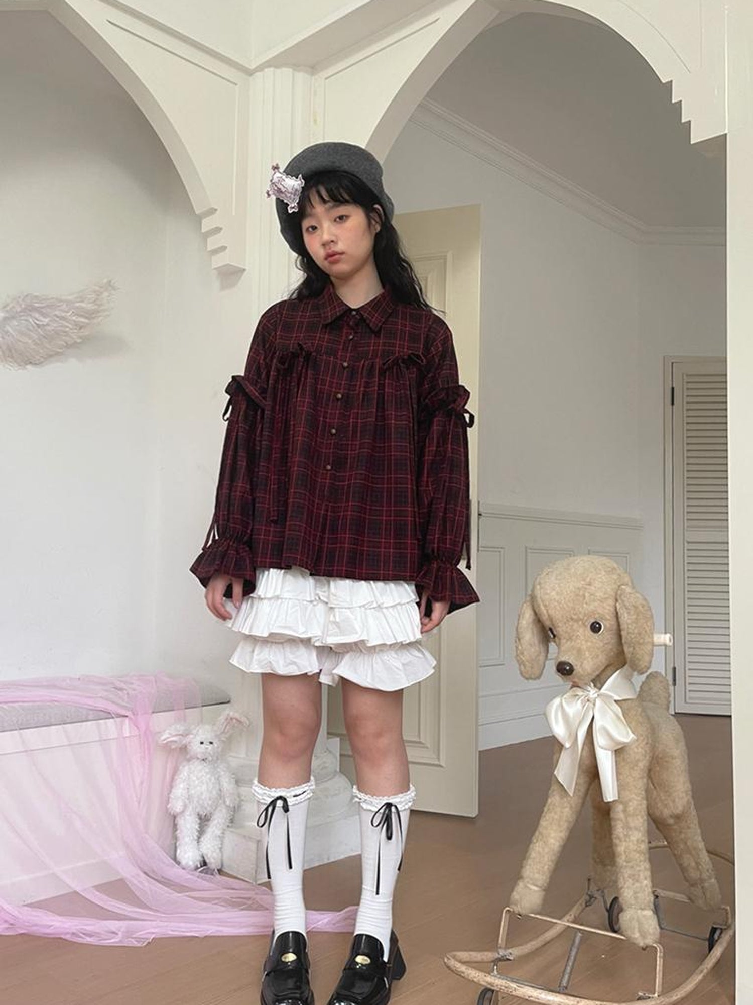 Daytoday Red Gingham Bow Bubble Sleeve Loose Long Shirt