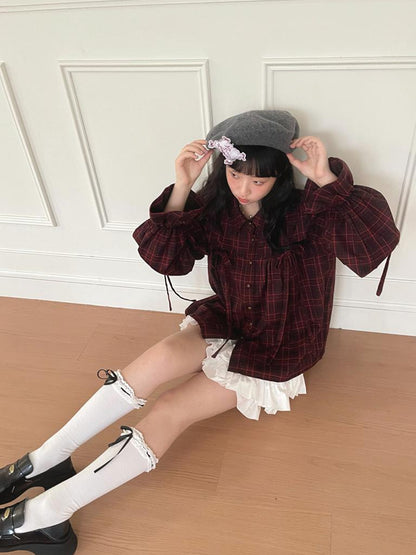 Daytoday Red Gingham Bow Bubble Sleeve Loose Long Shirt