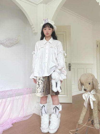 Daytoday Red Gingham Bow Bubble Sleeve Loose Long Shirt
