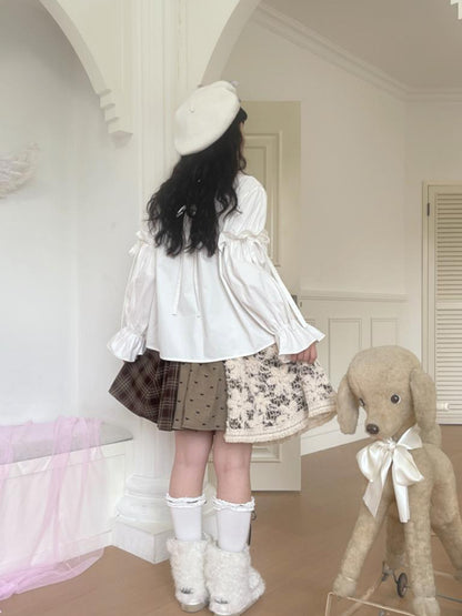 Daytoday Red Gingham Bow Bubble Sleeve Loose Long Shirt