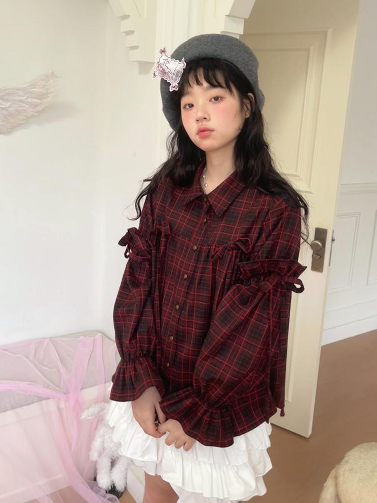 Daytoday Red Gingham Bow Bubble Sleeve Loose Long Shirt