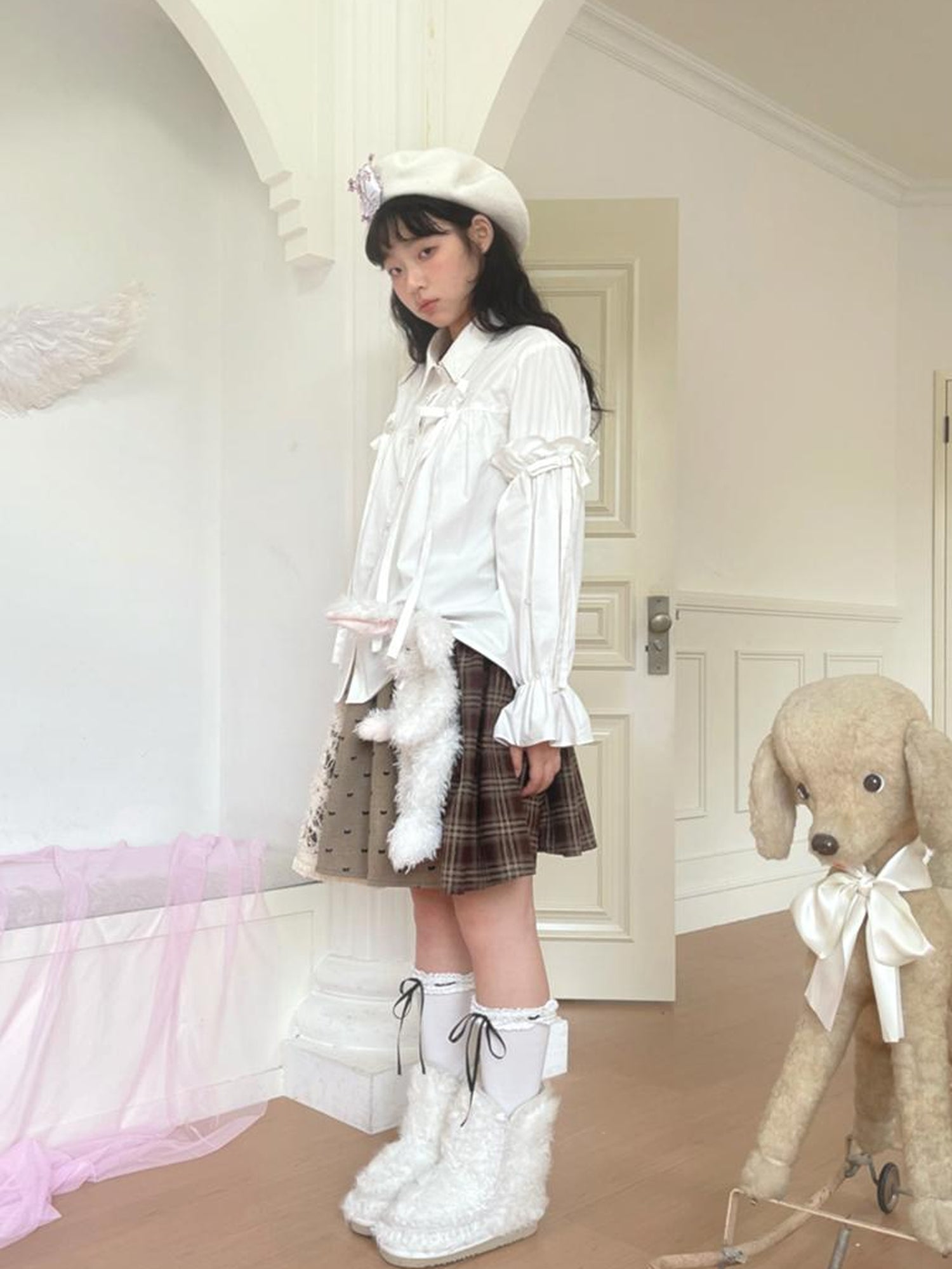 Daytoday Red Gingham Bow Bubble Sleeve Loose Long Shirt