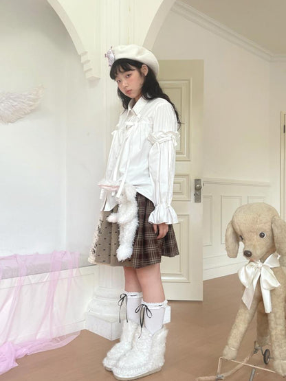 Daytoday Red Gingham Bow Bubble Sleeve Loose Long Shirt