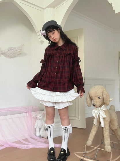 Daytoday Red Gingham Bow Bubble Sleeve Loose Long Shirt