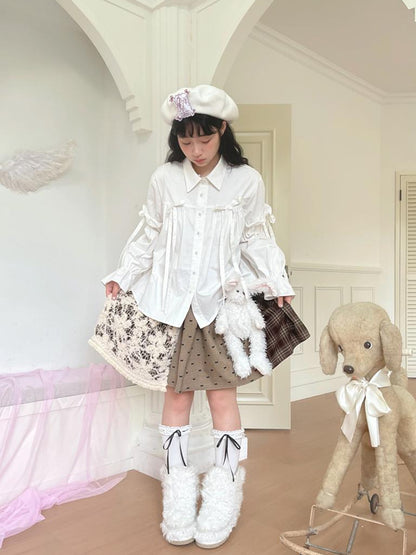 Daytoday Red Gingham Bow Bubble Sleeve Loose Long Shirt
