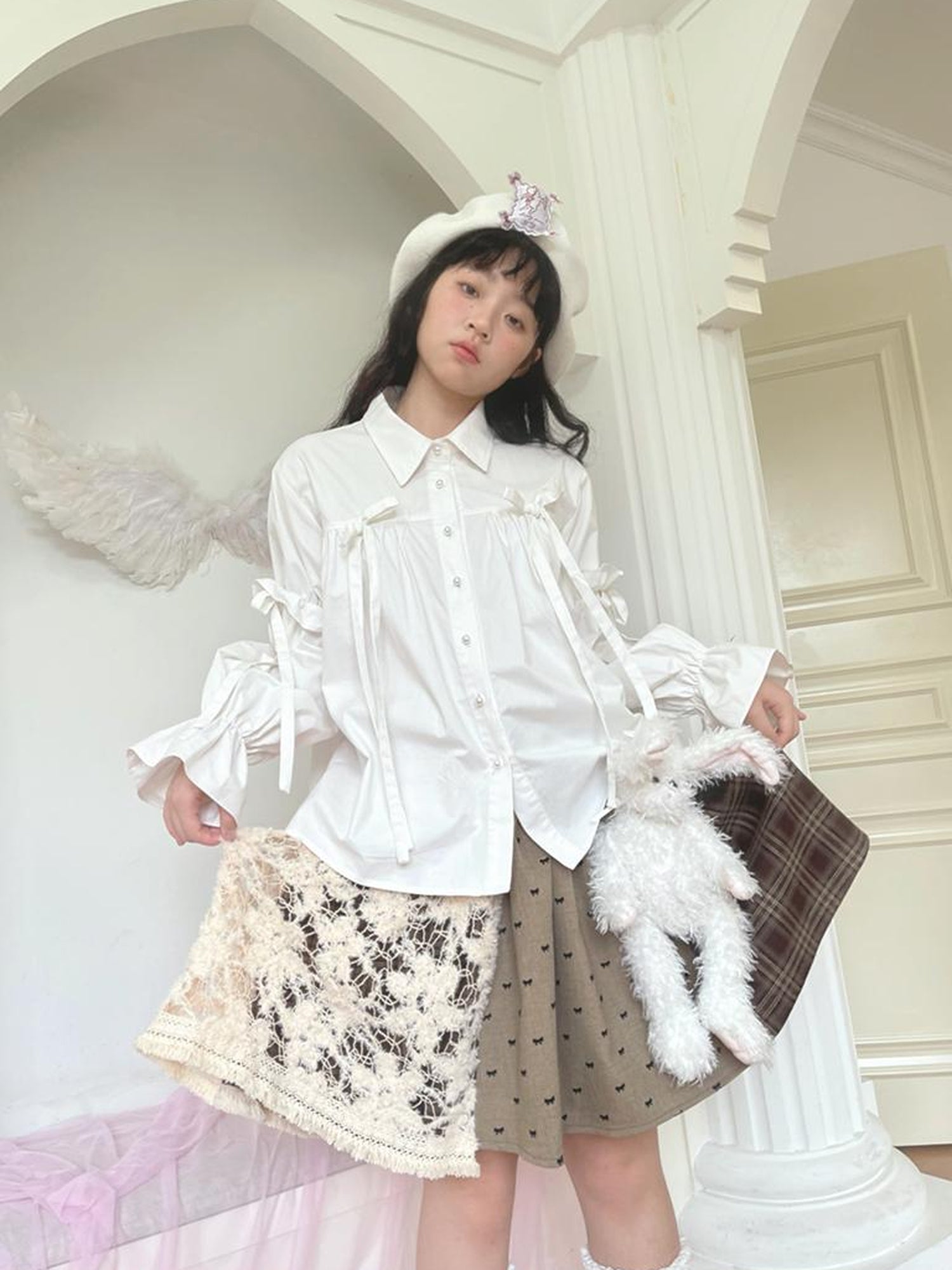 Daytoday Red Gingham Bow Bubble Sleeve Loose Long Shirt