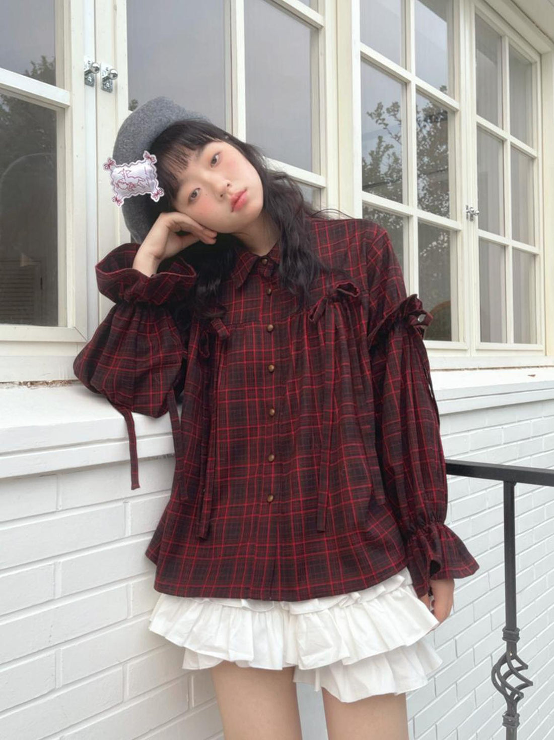 Daytoday Red Gingham Bow Bubble Sleeve Loose Long Shirt