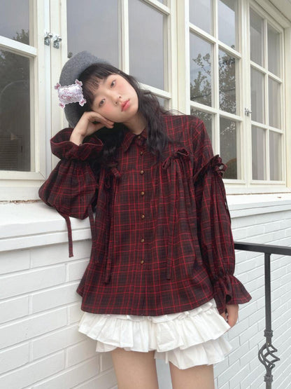 Daytoday Red Gingham Bow Bubble Sleeve Loose Long Shirt