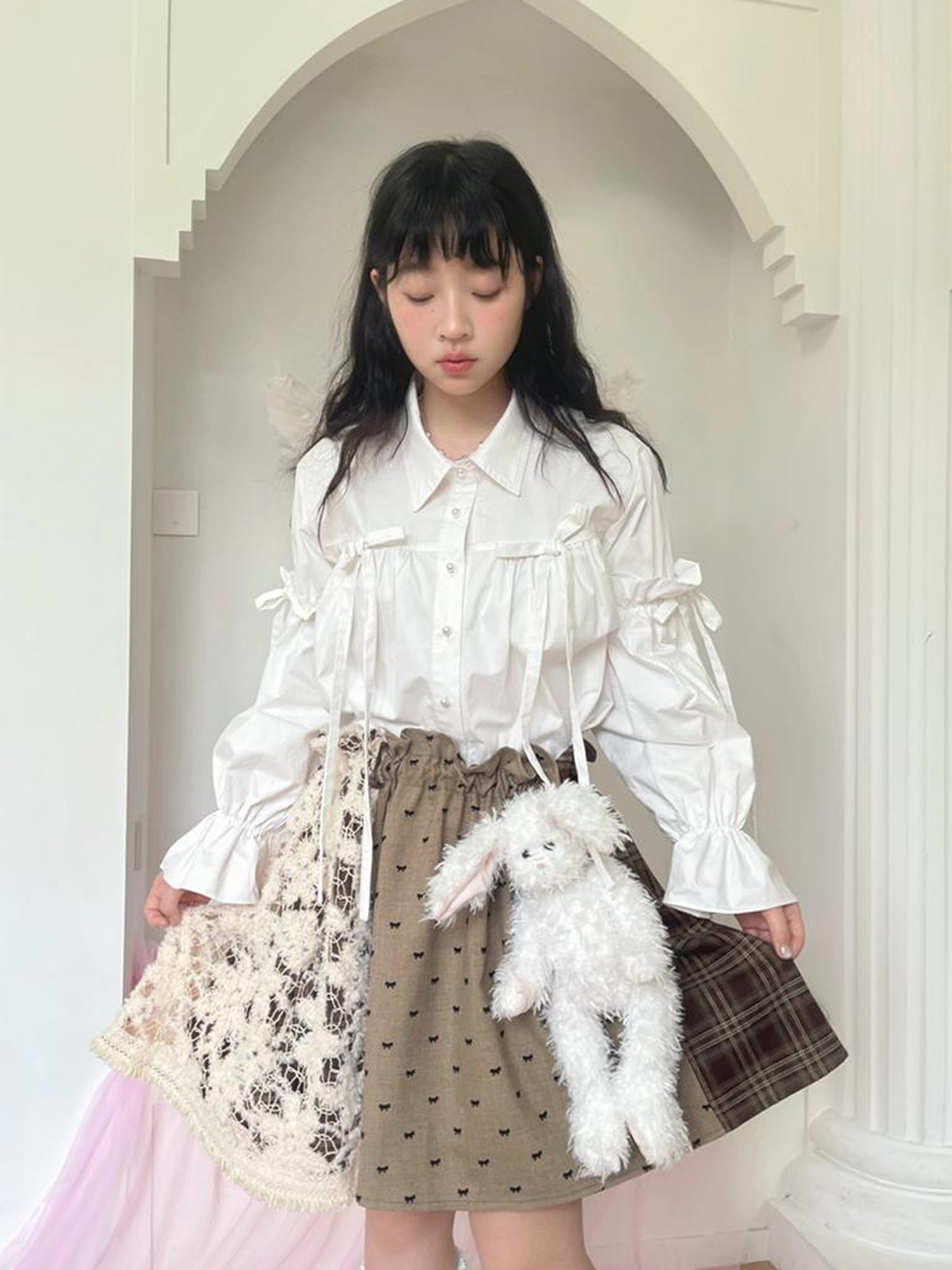 Daytoday Red Gingham Bow Bubble Sleeve Loose Long Shirt