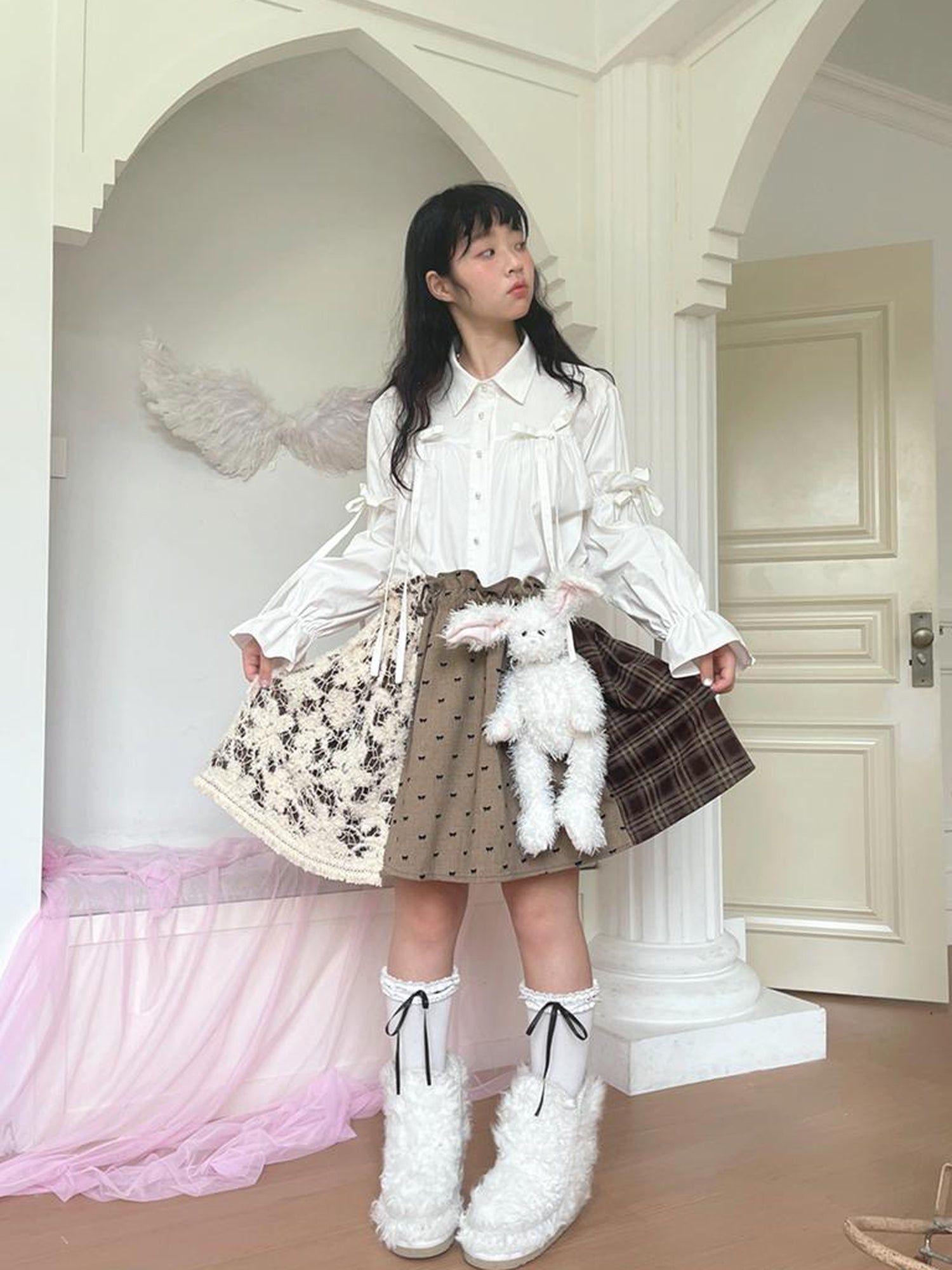 Daytoday Red Gingham Bow Bubble Sleeve Loose Long Shirt