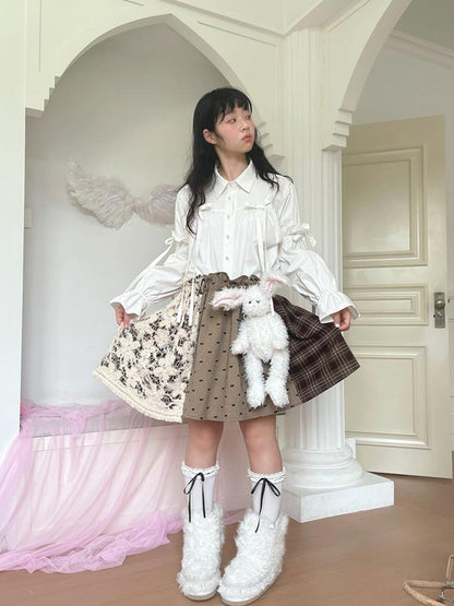 Daytoday Red Gingham Bow Bubble Sleeve Loose Long Shirt