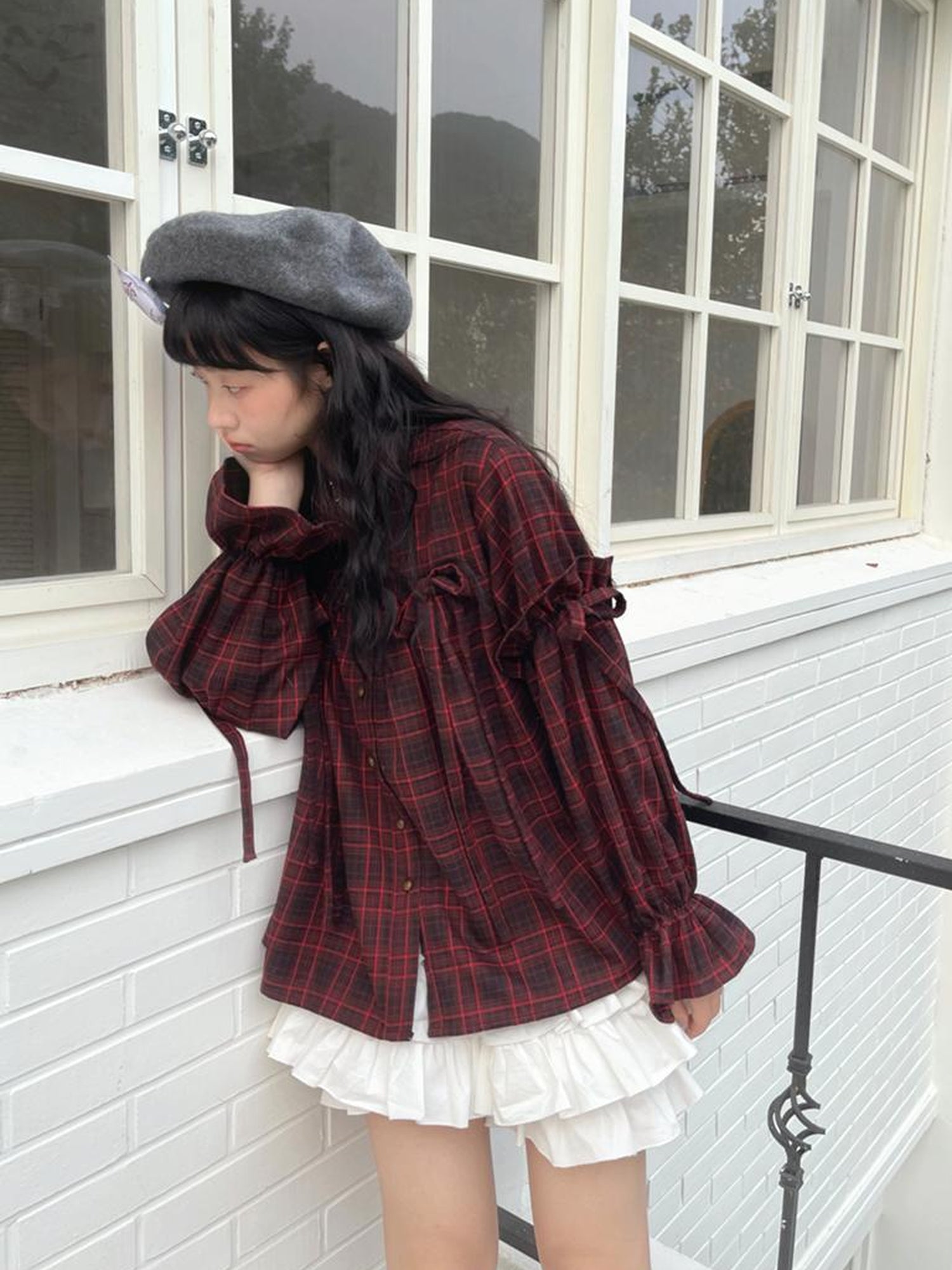 Daytoday Red Gingham Bow Bubble Sleeve Loose Long Shirt