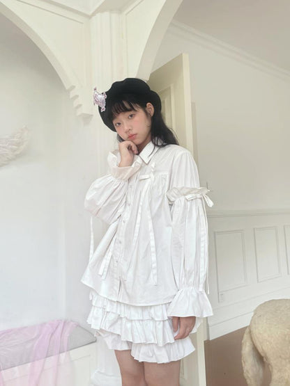 Daytoday Red Gingham Bow Bubble Sleeve Loose Long Shirt