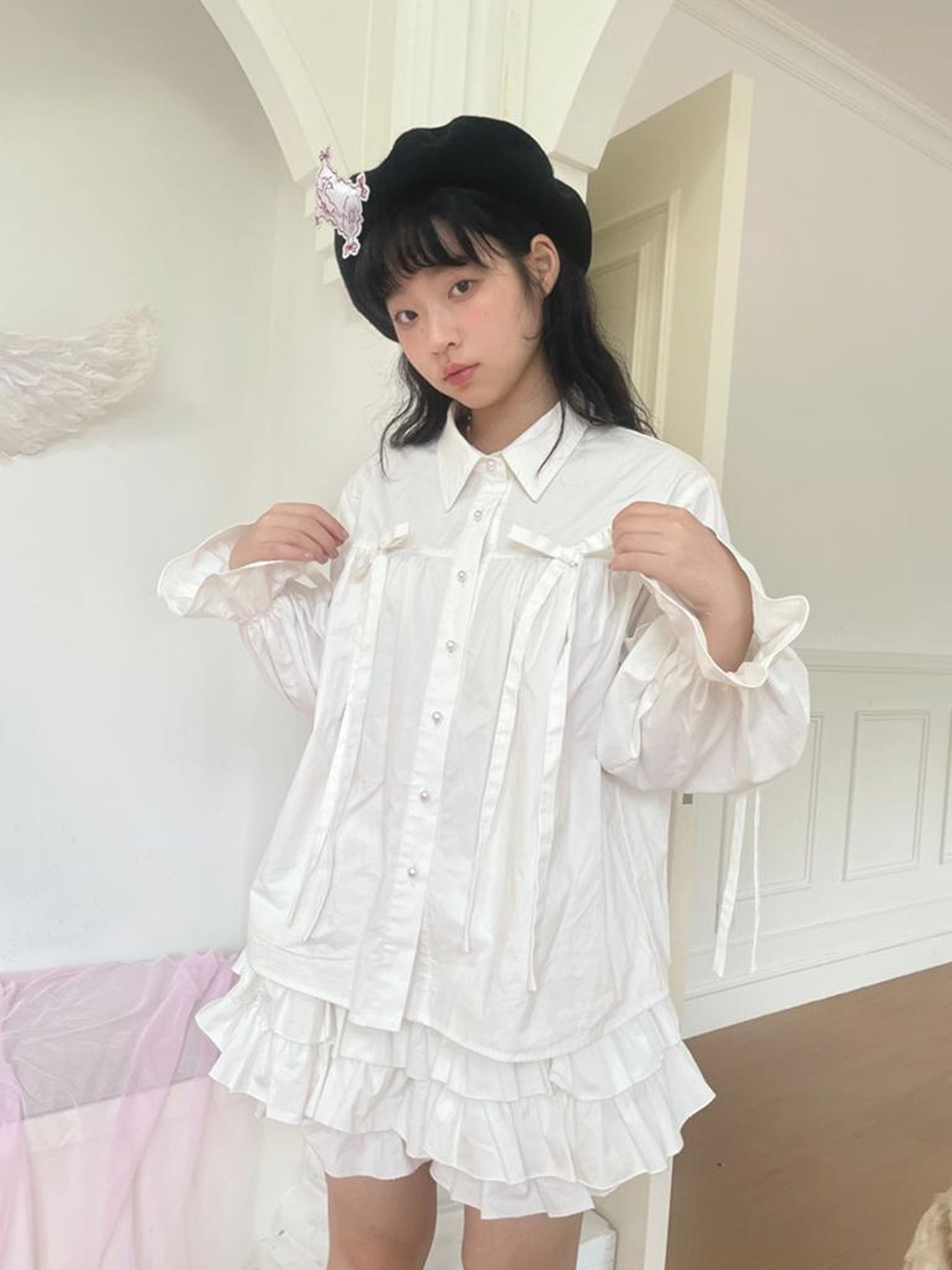 Daytoday Red Gingham Bow Bubble Sleeve Loose Long Shirt