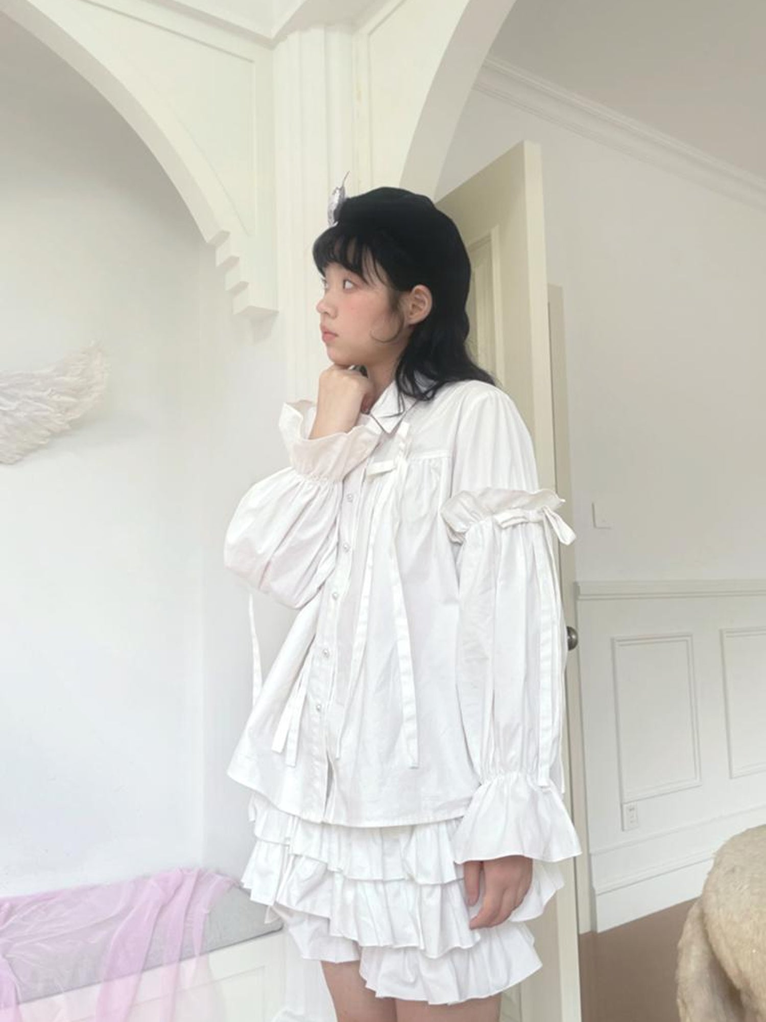 Daytoday Red Gingham Bow Bubble Sleeve Loose Long Shirt