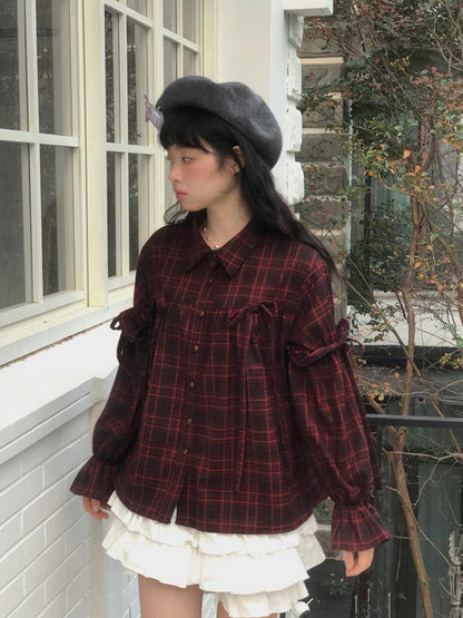 Daytoday Red Gingham Bow Bubble Sleeve Loose Long Shirt