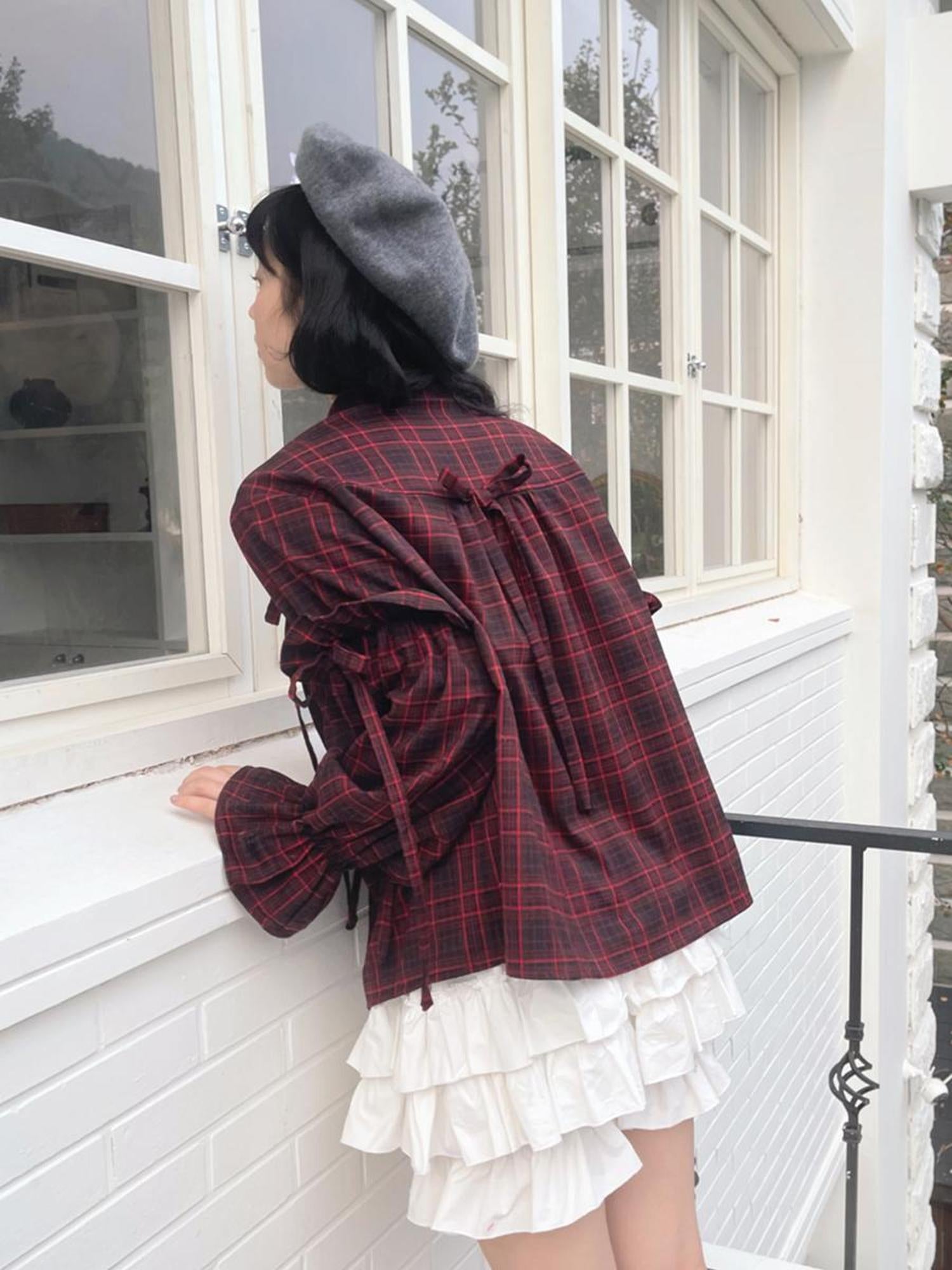 Daytoday Red Gingham Bow Bubble Sleeve Loose Long Shirt