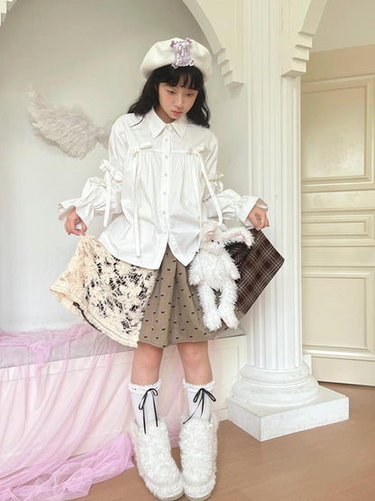 Daytoday Red Gingham Bow Bubble Sleeve Loose Long Shirt