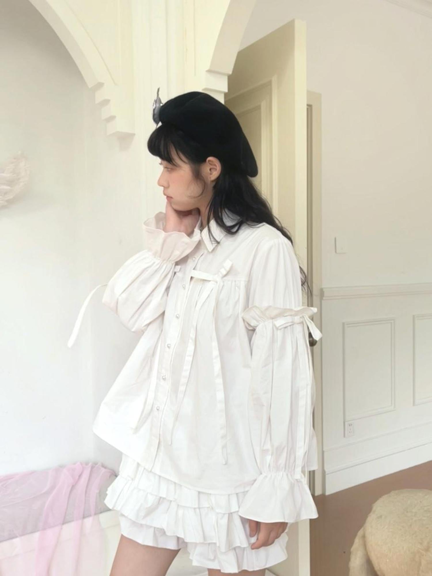 Daytoday Red Gingham Bow Bubble Sleeve Loose Long Shirt