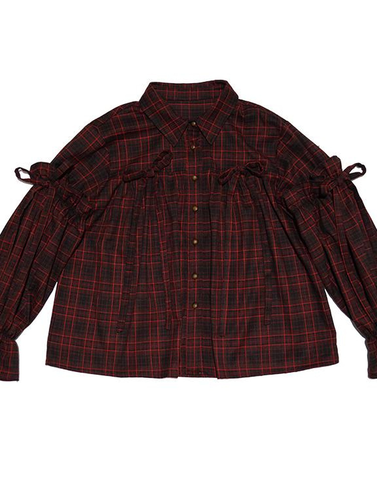 Daytoday Red Gingham Bow Bubble Sleeve Loose Long Shirt