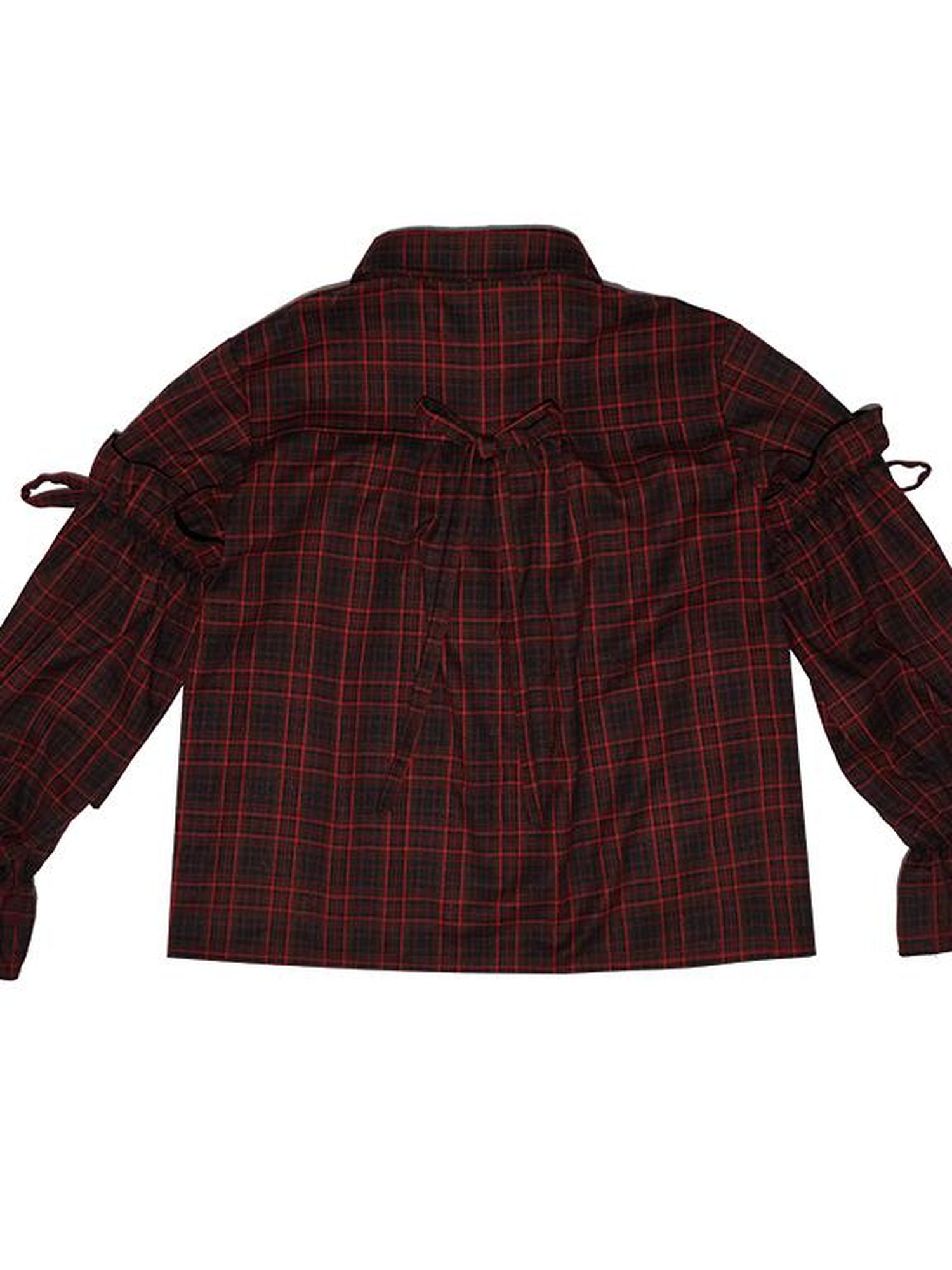 Daytoday Red Gingham Bow Bubble Sleeve Loose Long Shirt