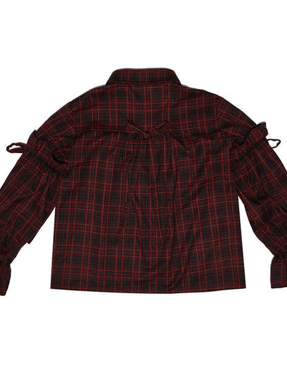 Daytoday Red Gingham Bow Bubble Sleeve Loose Long Shirt