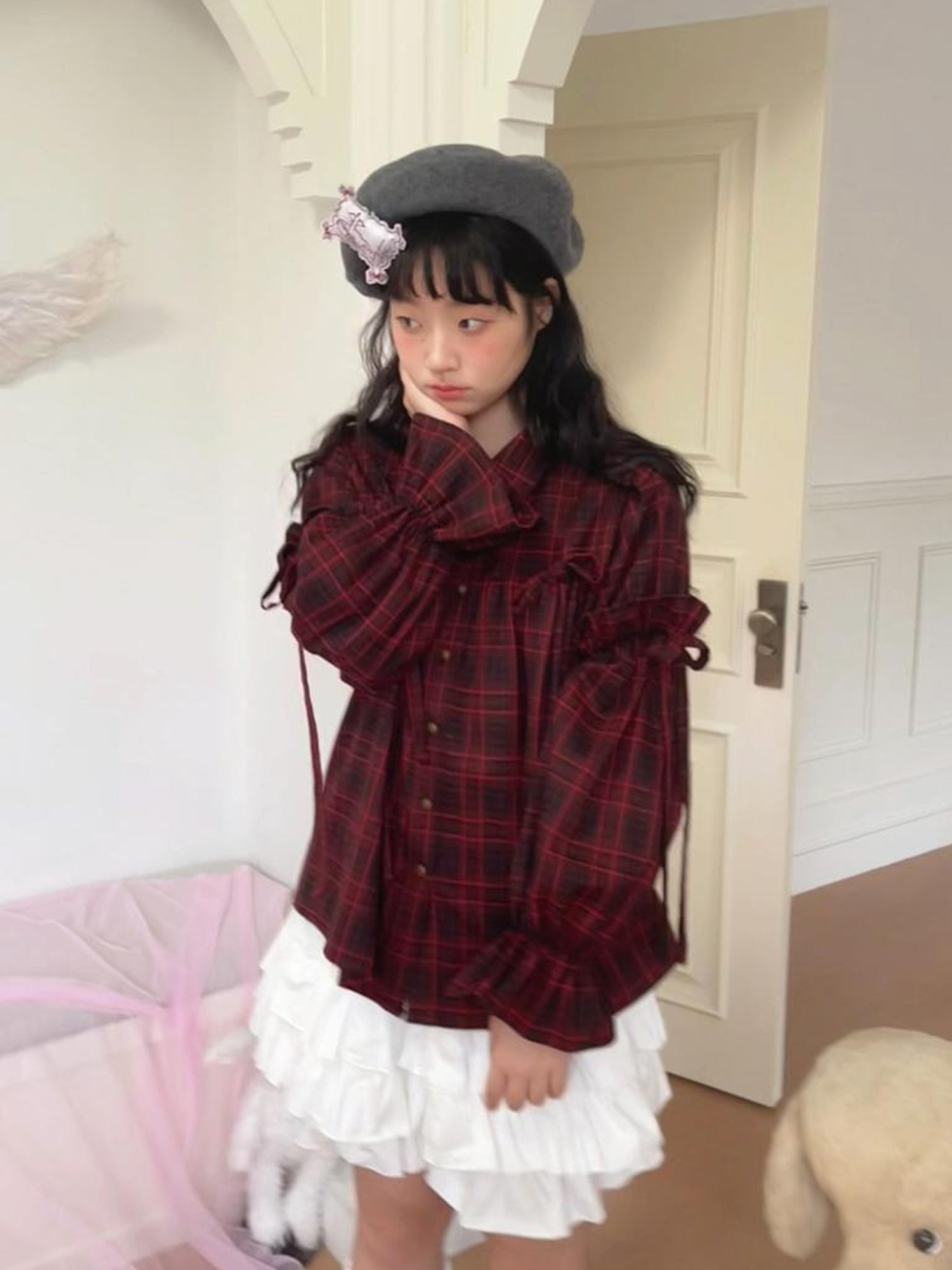 Daytoday Red Gingham Bow Bubble Sleeve Loose Long Shirt