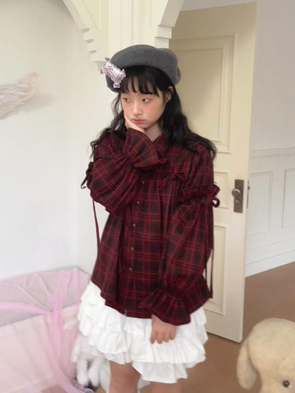Daytoday Red Gingham Bow Bubble Sleeve Loose Long Shirt