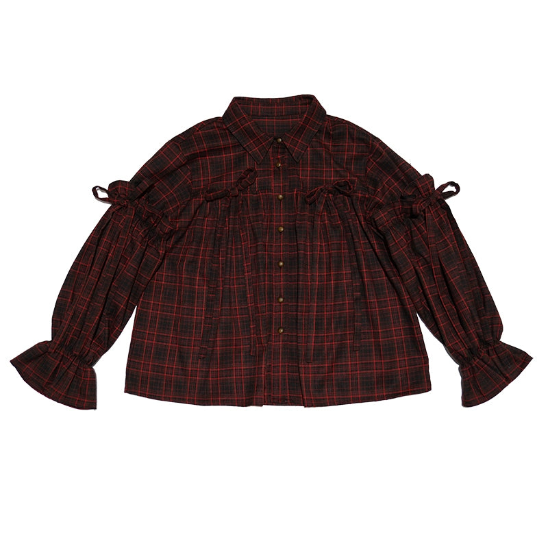 Daytoday_Red_Gingham_Bow_Bubble_Sleeve_Loose_Long_Shirt_MISSTT