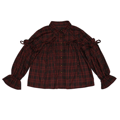 Daytoday_Red_Gingham_Bow_Bubble_Sleeve_Loose_Long_Shirt_MISSTT