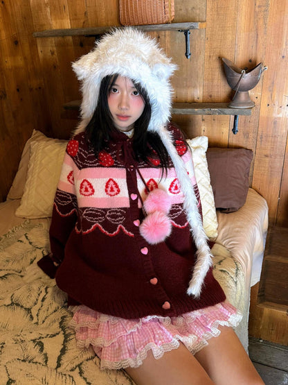 Daytoday Red Velvet Strawberry Cake Fair Isle Pom Pom Hooded Women&